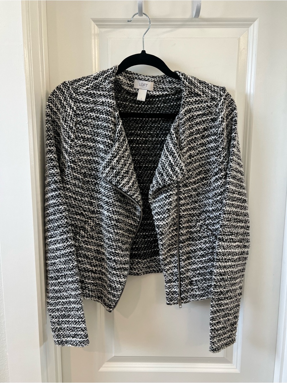 LOFT Black and White Open-Front Textured Knit Jacket